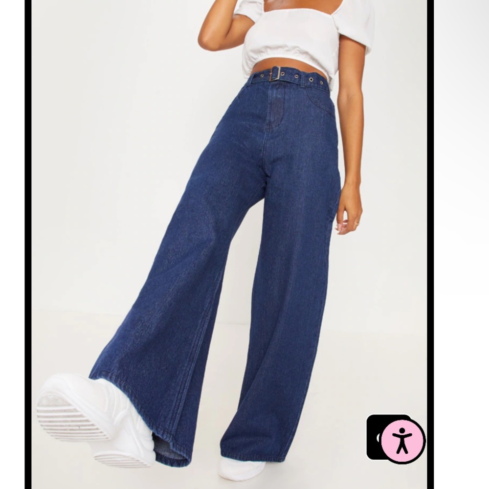 PrettyLittleThing Dark Wash Belted Wide Leg Jeans Size US 2, NWT, Never worn